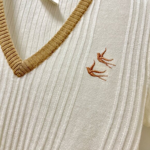 Vintage Dodtex Trim V-Neck Embroidered Bird Sweater Cream & Tan –  M - Picture 4 of 9